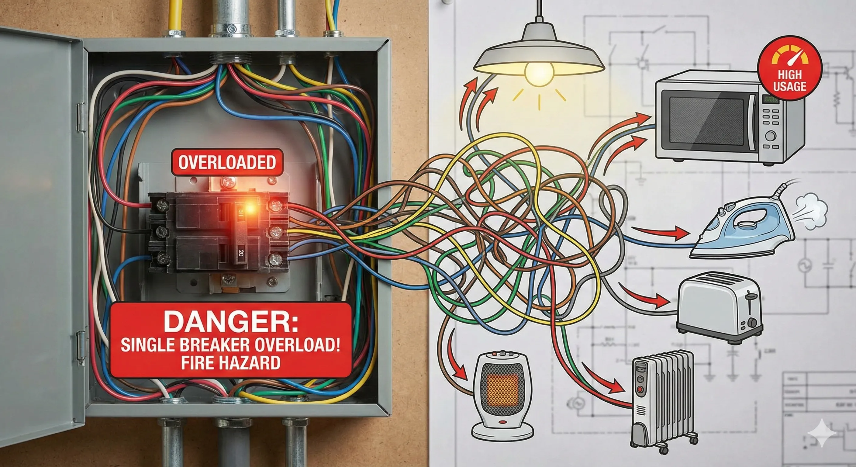 Tablero eléctrico residencial moderno con circuitos de alumbrado y tomacorrientes separados