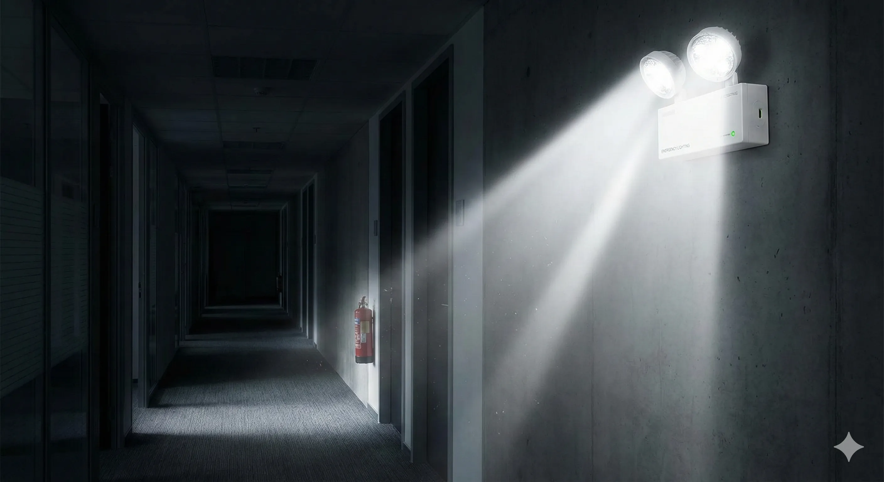 Luz de emergencia de doble foco iluminando un pasillo oscuro durante un apagón