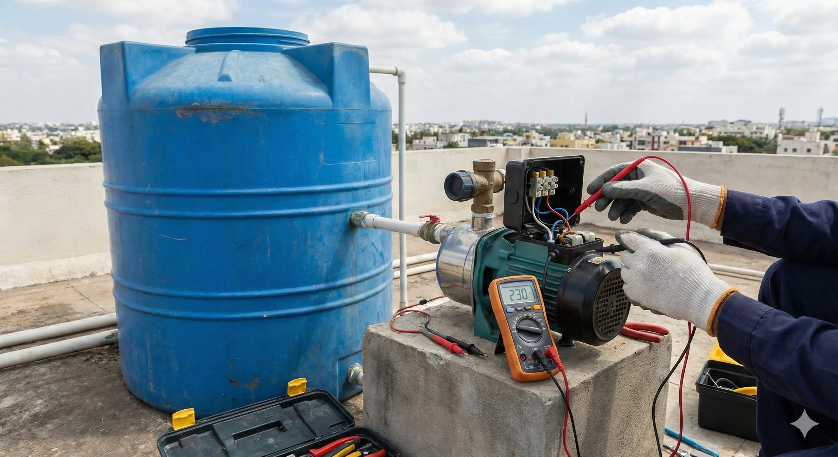 Técnico revisando una bomba de agua periférica con problemas de encendido