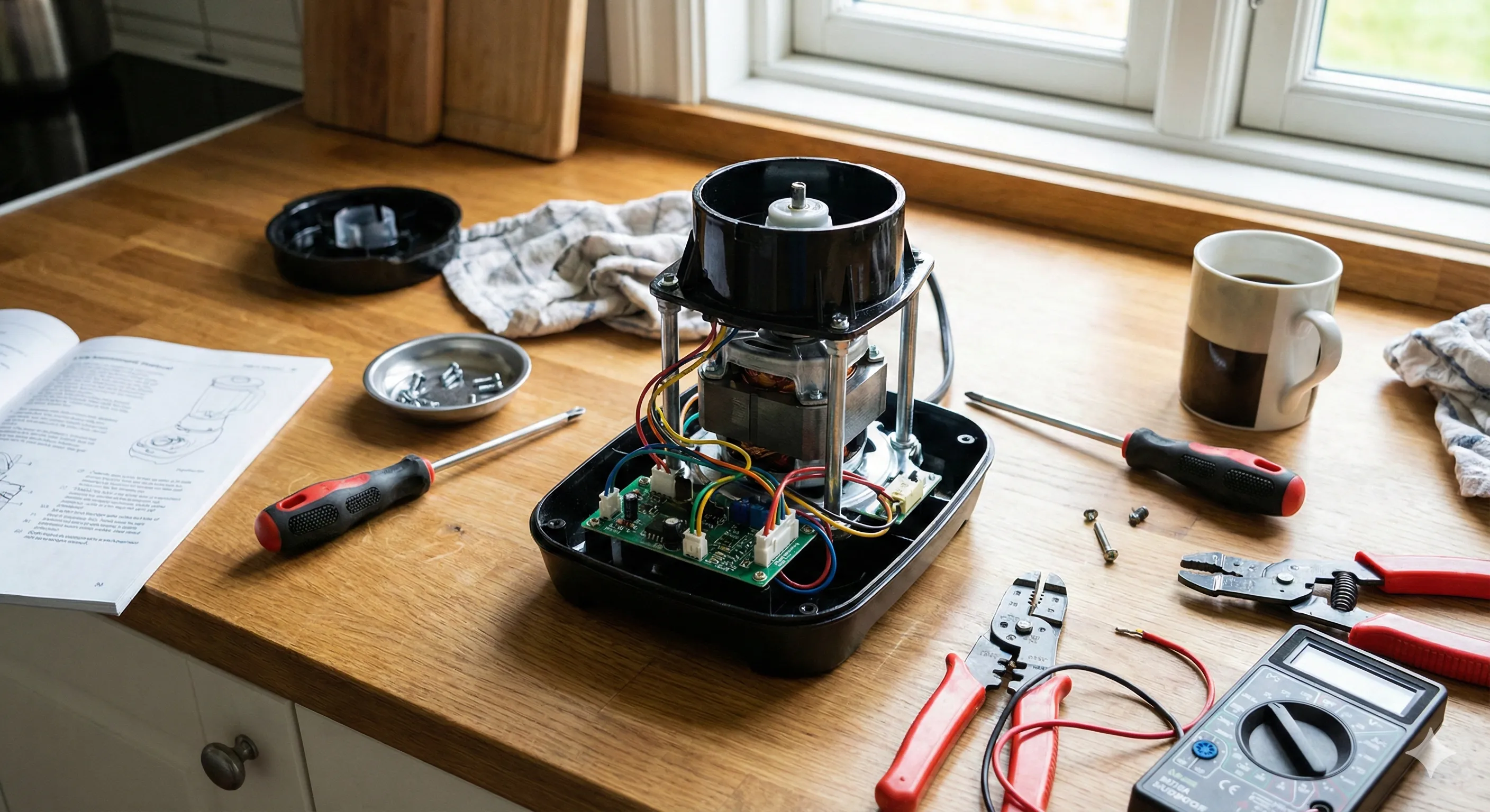 Técnico reparando el acople de una licuadora clásica con herramientas