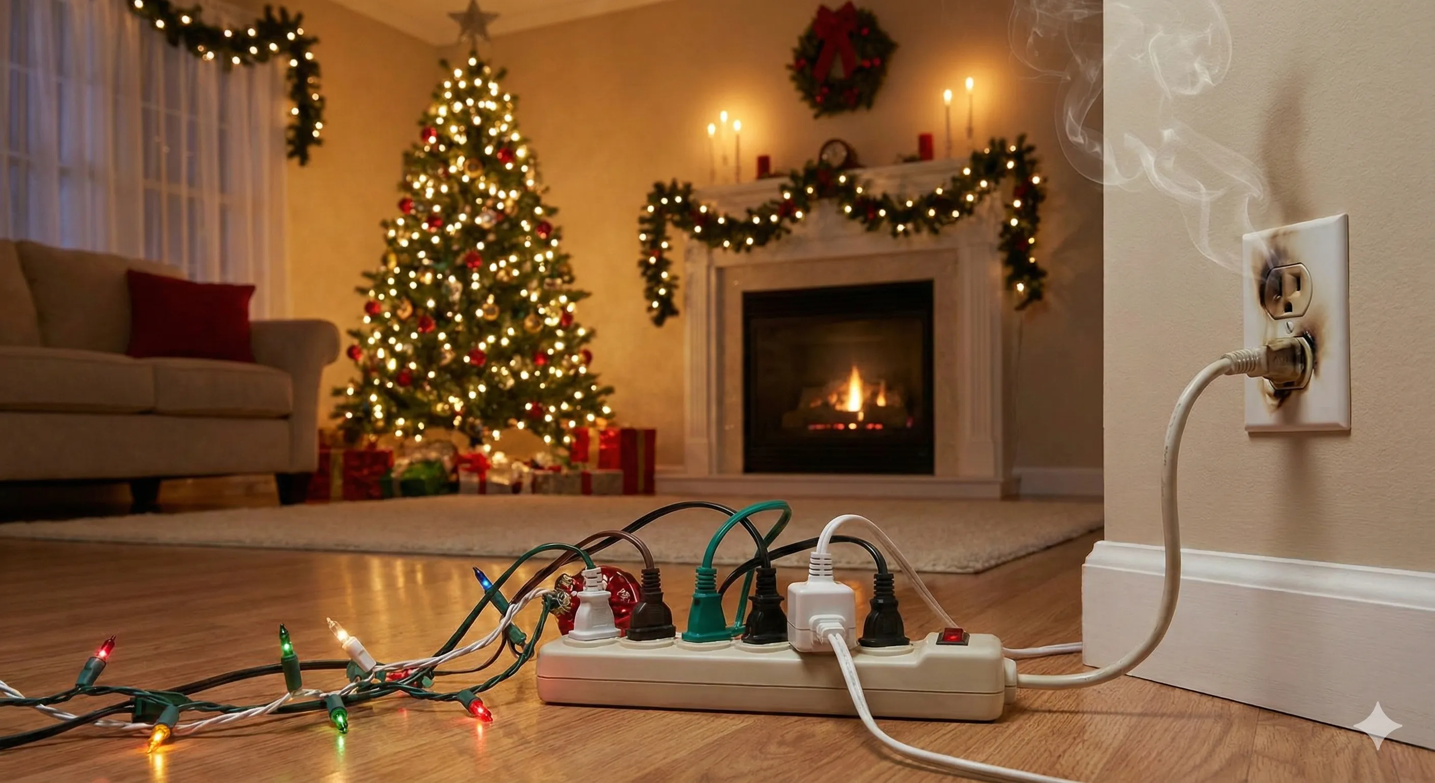 Tomacorriente con marcas de quemaduras por sobrecarga de luces navideñas